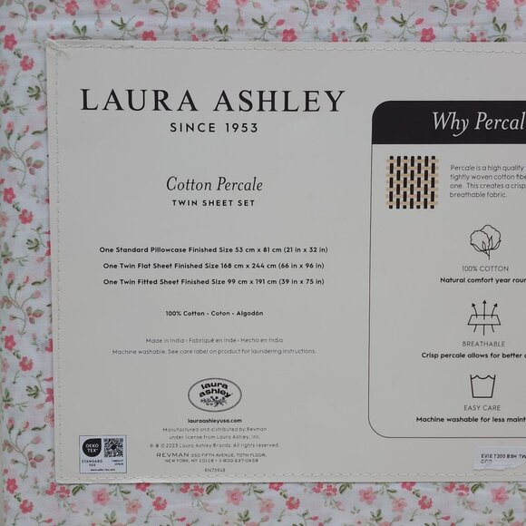 Laura Ashley Twin Cotton Percale Floral Sheet Set Pink Green Flowers - Picture 4 of 8